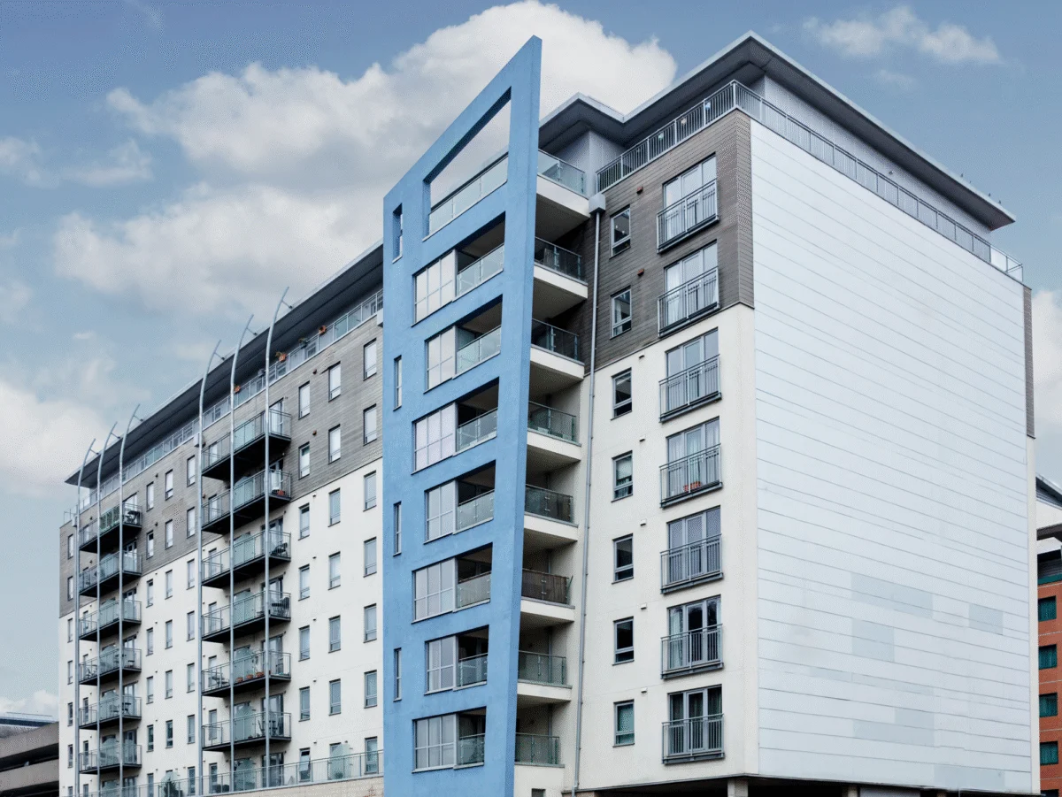 Alternate angle of contemporary facade at Enterprise Place apartments, Woking