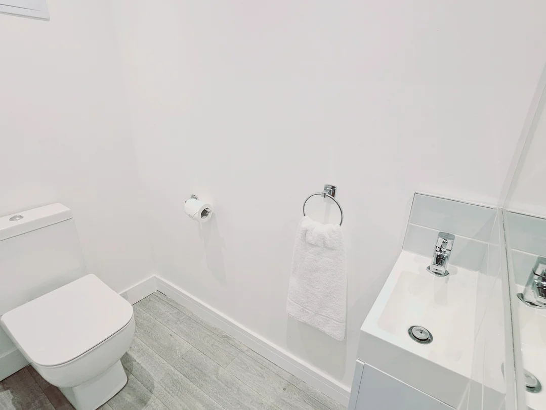 Clean white toilet and sink with modern fittings in The Oak Suite, Farnham